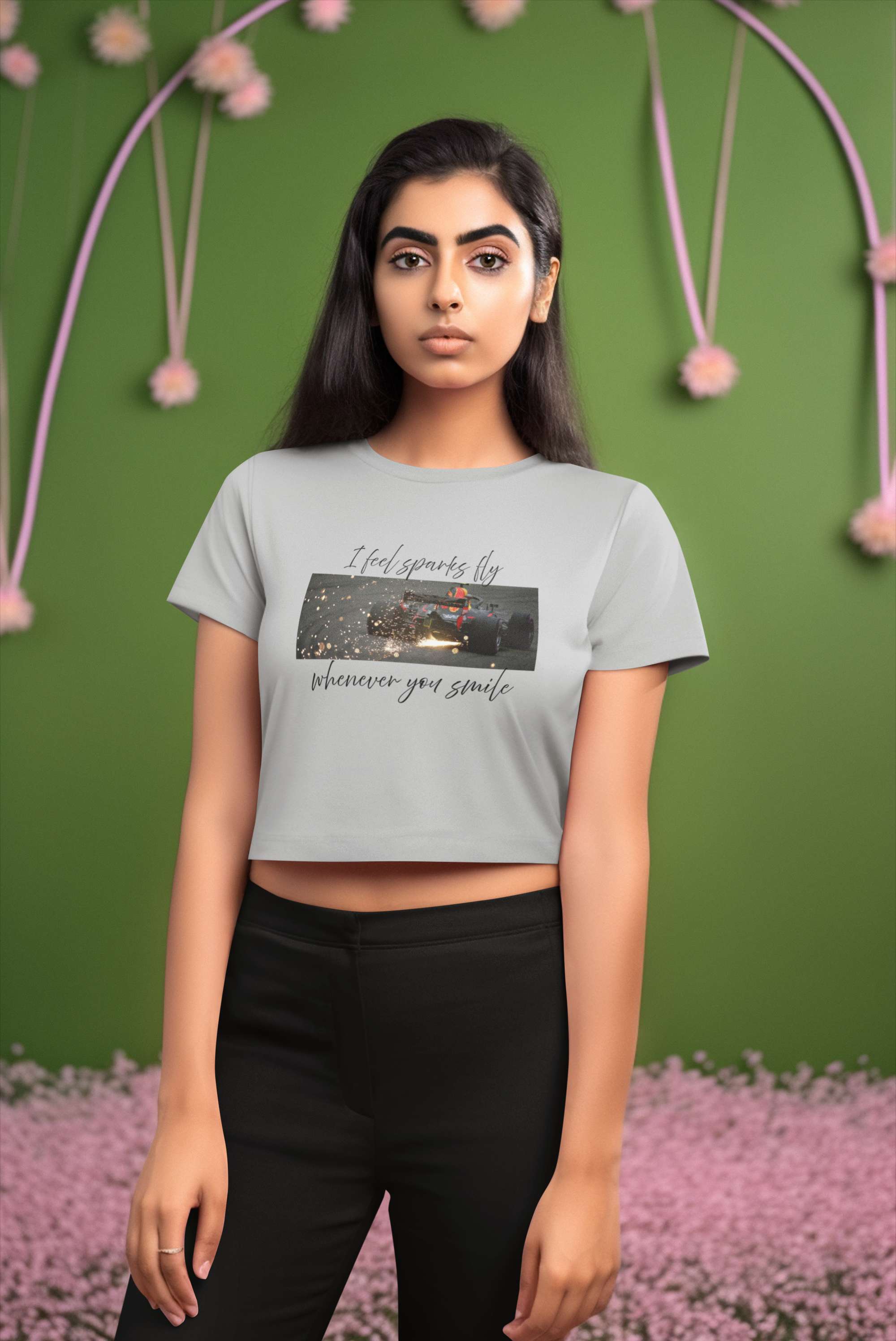 Crop Top with "Racing Sparks, Real Feelings" Print